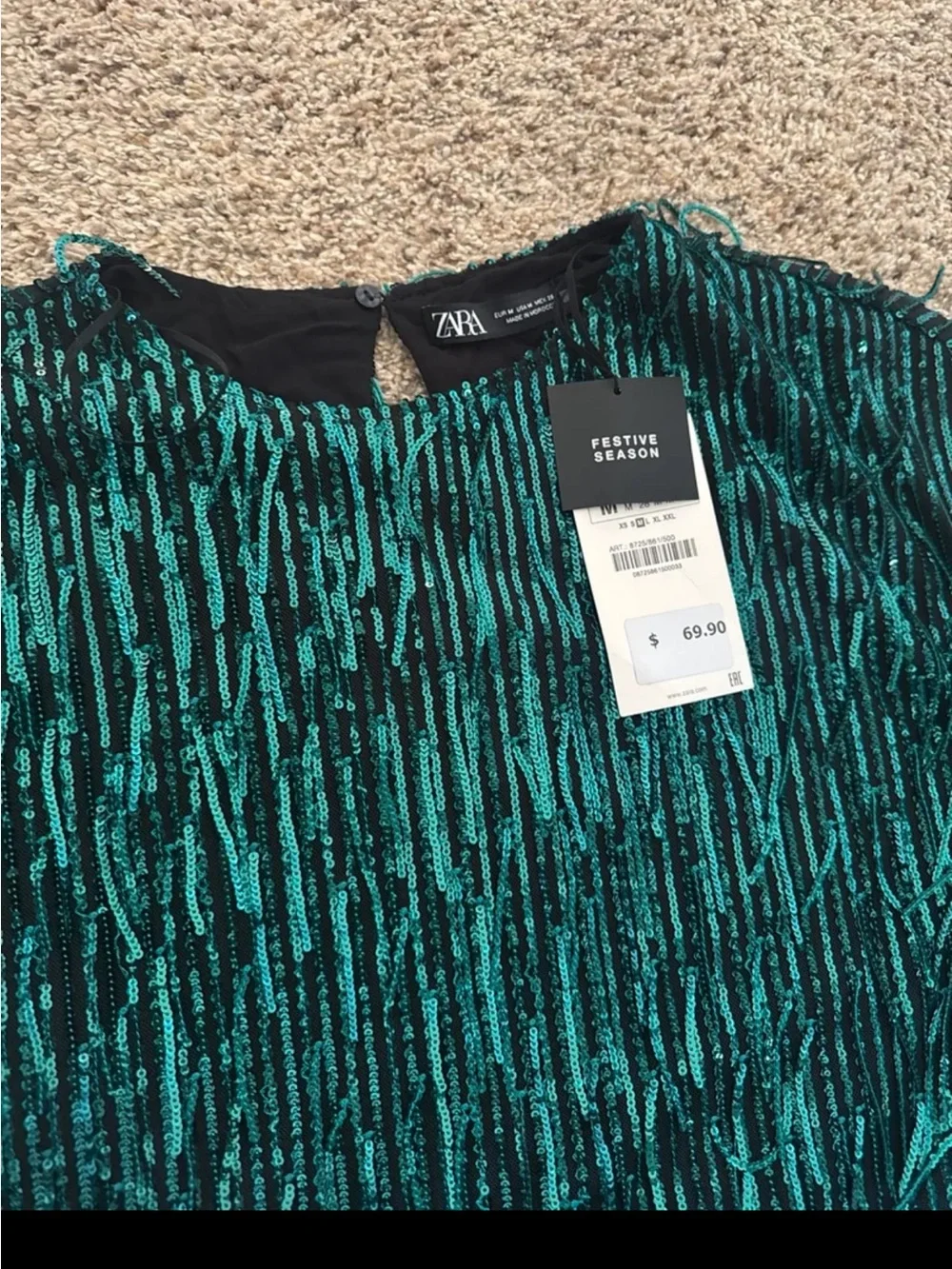 NWT ZARA Sequin Fringed Mini Dress in Green size Medium